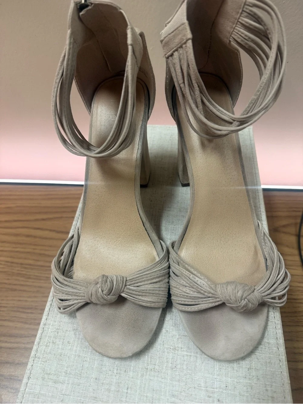 Knot Front Ankle-Tie Block Heel Sandals - Taupe